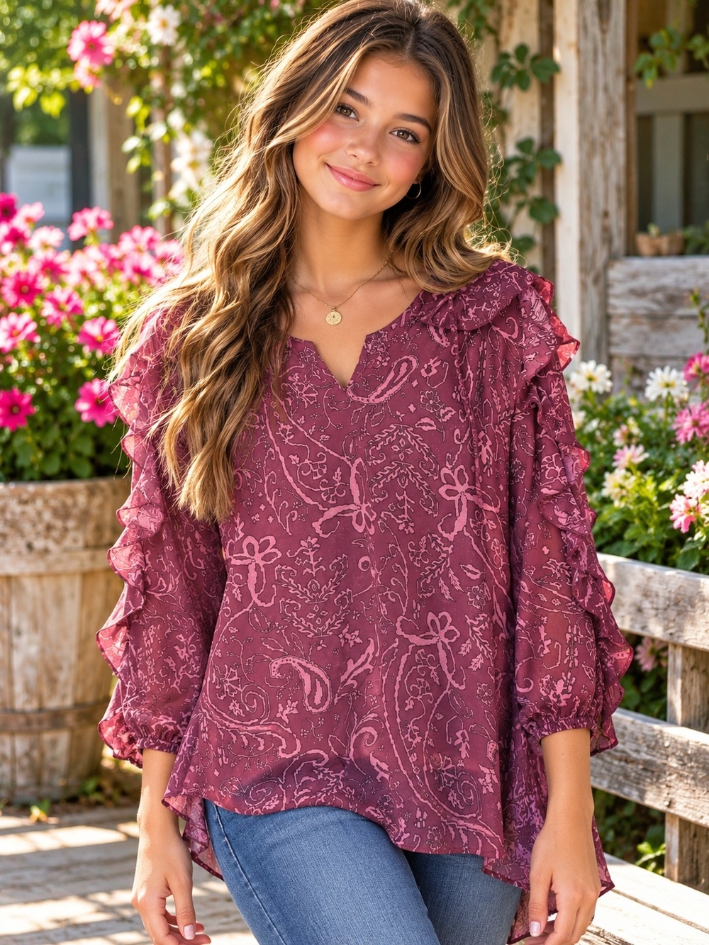 Wonderly Women’s 2X NWT Mauve Paisley Ruffle Sleeve Blouse